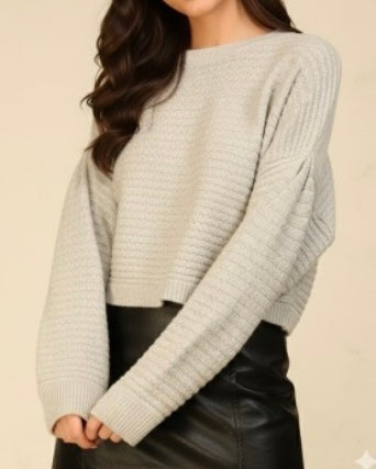 Textured Puff Sleeve Cropped Sweater