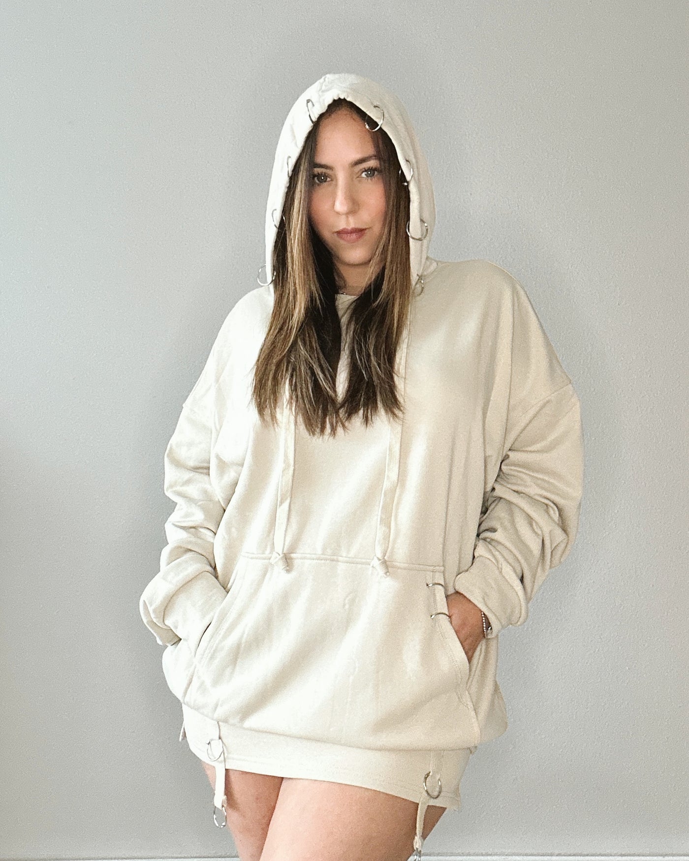 Metal O-ring Detail Hoodie And Mini Skort Set